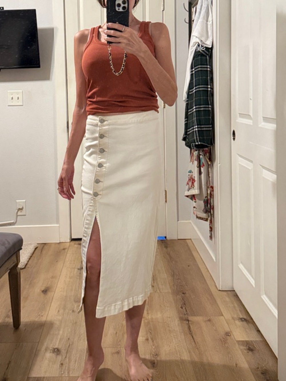 EUC Free People Ivory denim Button-Front Midi Skirt with Side Slit